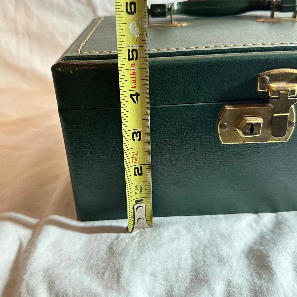 Vintage Jewelry Box Forest Green Good Faux Leather Brass Latch Top Handle Case